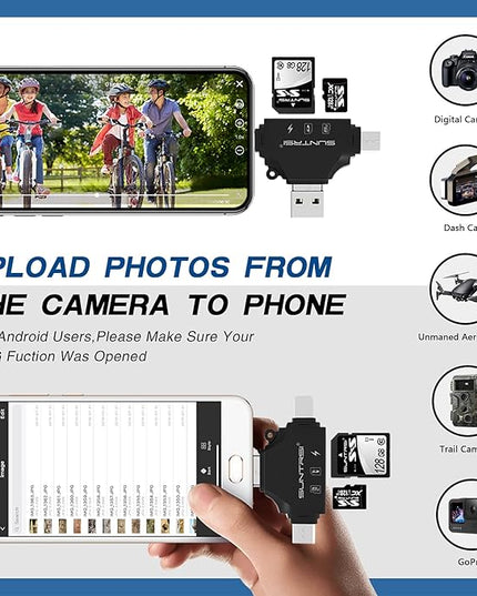4 in 1 SD Card Reader for iPhone ipad Android Mac PC Camera,Micro SD Card Reader SD Card Adapter Portable Memory Card Reader Trail Camera Viewer for SD and TF Card
