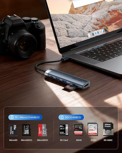 VENTION 6-in-1 USB C Docking Station for Mobile Office, 100W PD Charging Hub for MacBook Pro/Laptop, Portable Adapter with 4K HDMI, USB 3.0 Data Transfer, SD Card Reader & Aluminum Body