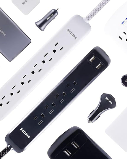 Philips 6 Outlet Surge Protector Power Strip, Designer Braided Power Cord, 10 Ft, Flat Plug Extension Cord, Perfect for Office or Home Décor, 1080 Joules, ETL Listed, Black, SPC3064BG/37 (Pack of 6)