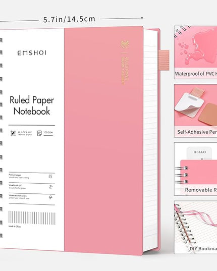 EMSHOI A5 Spiral Notebook College Ruled Lined Journal, Small 5.7" X 8.22", 300 Pages/150 Sheets, 100gsm Thick Paper, Waterproof Hardcover, for Office School Women Men Work Writing Notes-Pink
