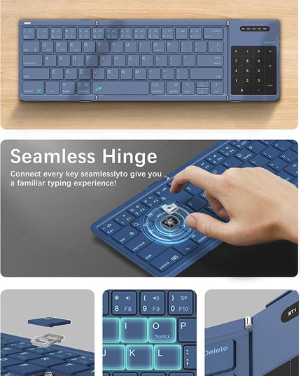Nillkin Upgraded Foldable Bluetooth Keyboard with Touchpad & Number Pad, Portable Wireless Keyboard for Travel, Pocket-Sized, Full Size Keys, Support 3 Devices for iPad Laptop Tablets Phone, Blue