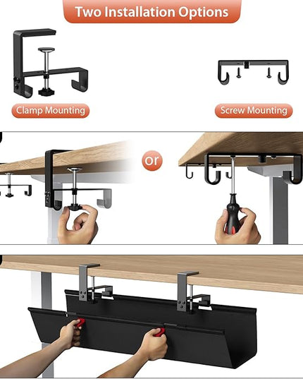 Univivi No Drill Under Desk Cable Management Tray, 28" Cord Organizer for Table, Clamp/Screw Mount Desk Cable Management, Premium Fabric Cable Management Tray for Office, Home