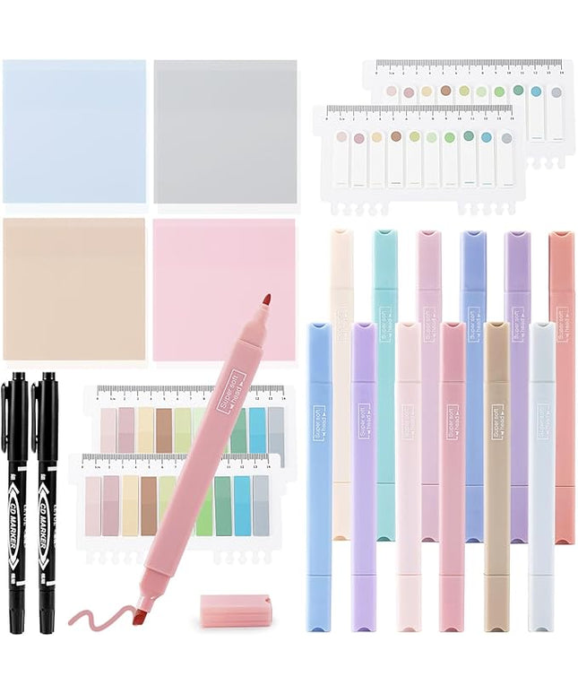 Lestp 22 Pcs Bible Study Supplies Bible Highlighters No Bleed Assorted Colors Pens 1000 Sheets Transparent Sticky Notes with 2 Black Pens Pastal Highlighters Dual Tips Morandi Book Tabs Sticky Index