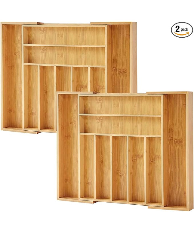Bamboo Drawer Organizer, 2 Pack - Expandable Silverware Organizer & Utensil Drawer Organizer, Cutlery Tray with Dividers, 7-9 Slots- Premium Kitchen Organizer for Utensils & Flatware (Natural)