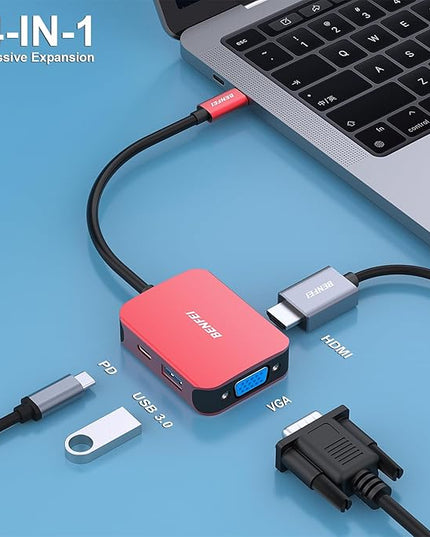BENFEI USB C HUB 4-in-1, USB Type-C to HDMI VGA Adapter, USB C to USB Adapter, USB Type-C Power Delivery, Compatible with iPhone 15 Pro/Max, MacBook Pro/Air 2023, iPad Pro, iMac, S23, XPS 17