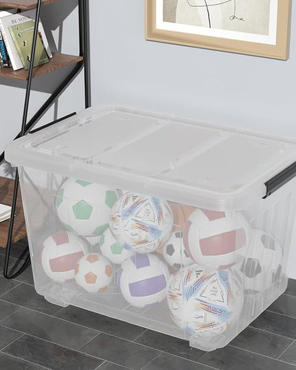 70 Quart Large Plastic Storage Box, Clear Latching Bin with Lid and Wheels, 4 Packs