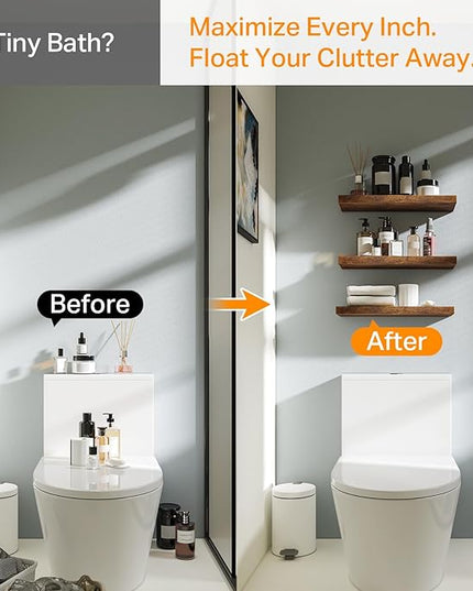 BAYKA Floating Shelves Bathroom for Wall – Shelf Over Toilet Farmhouse Rustic Wood for Bedroom, Kitchen, or Living Room Decor Organization Display Shelving – Rustic Brown, Set of 3