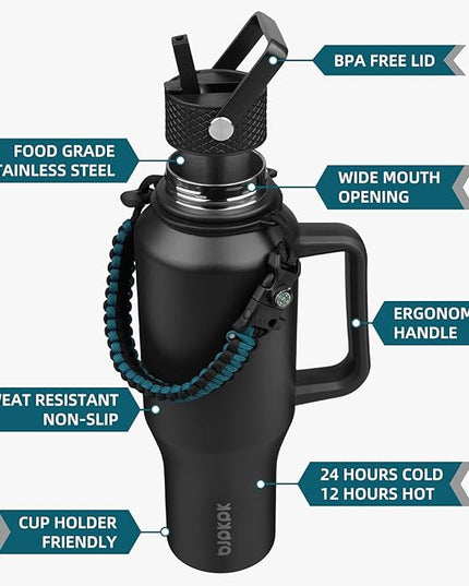 BJPKPK Insulated Water Bottles with Straw Lid, 40oz Metal Water Bottle with 2 lids & Paracord Strap, Double Wall Stainless Steel Tumbler with Handle, Reusable Cups, Mugs, Thermo, Black