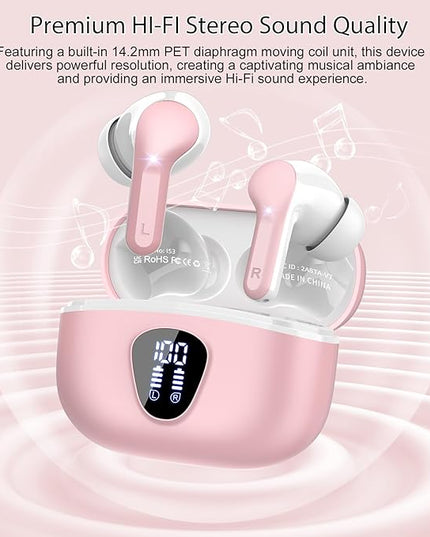 Wireless Earbuds, Bluetooth 5.4 Headphones HiFi Stereo, Bluetooth Earbuds with ENC Noise Cancelling Mic, IP7 Waterproof in Ear Earphones, 48H, LED Display Ear buds for Pad Phone Workout Sports, Pink