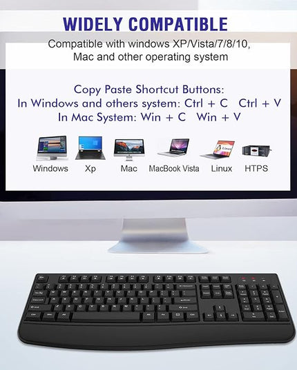 QUASIO Wireless Keyboard, 2.4G Full-Sized Ergonomic Wireless Computer Keyboard with Wrist Rest for Windows, Mac OS Laptop/PC/Desktop/Notebook(Black)