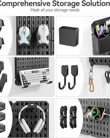 KDD Pegboard Combination Kit, Wall Mount Organization Peg Board with Mouse & Keyboard Holder, Pen Holder, Hooks, Headset & Controller Stand - Modular Hanging Organizer Accessories