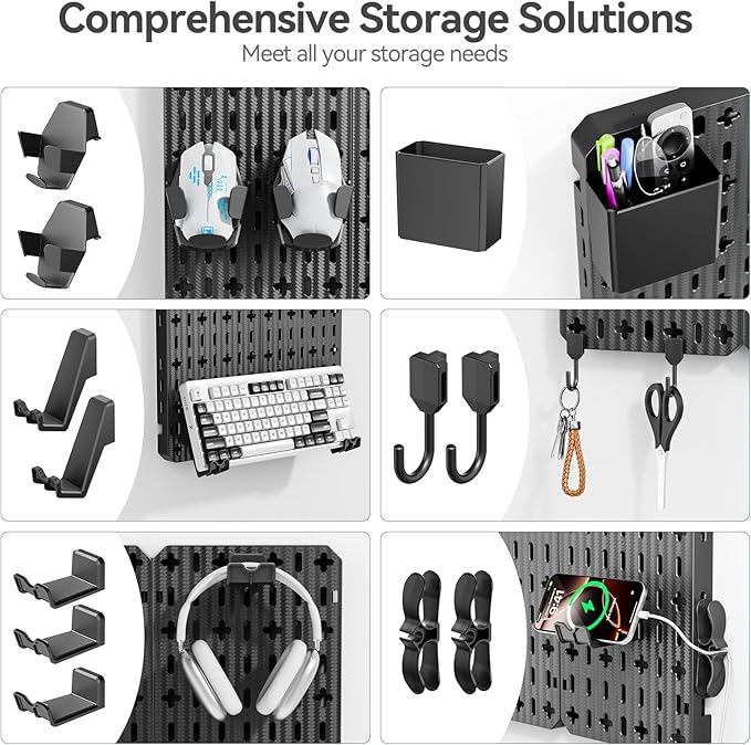KDD Pegboard Combination Kit, Wall Mount Organization Peg Board with Mouse & Keyboard Holder, Pen Holder, Hooks, Headset & Controller Stand - Modular Hanging Organizer Accessories
