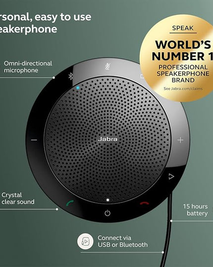 Jabra Speak 510 (2025 Edition) Portable, USB or Wireless Bluetooth Speaker for Meetings and Calls with Crystal-Clear Sound, Works with All Meeting Platforms - Microsoft Teams, Google Meet, Zoom, Black