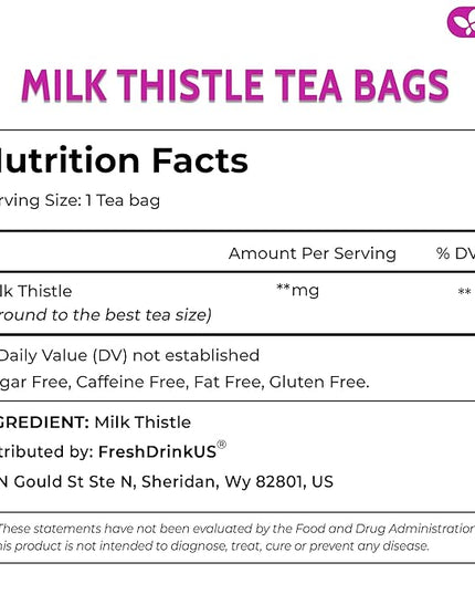 FreshDrinkUS, Premium 75 Milk Thistle Tea Bags, 100% Natural & Pure from Milk Thistle Seeds. Milk Thistle Seed Herbal Tea. Made with Natural Material Tea Bags. No Sugar, No Caffeine, No Gluten, Vegan.