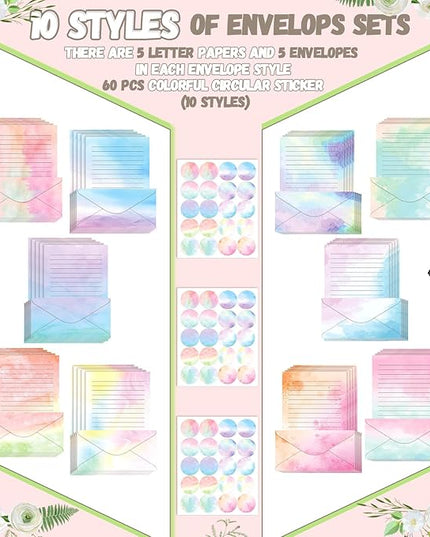TaoBary 160 Pcs Stationery Paper Set 50 Double Sided Stationery Papers with 50 Matching Envelopes and 60 Round Dot Sticker, 10 Design(Watercolor,8.5 x 11 Inch)