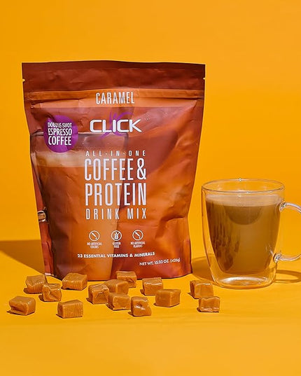 Click Coffee Protein Powder | Double Shot Espresso | 16g Protein | 23 Essential Vitamins | Low Calorie Meal Replacement | 150mg Caffeine | Gluten Free | No Artificial Flavors or Colors | Caramel
