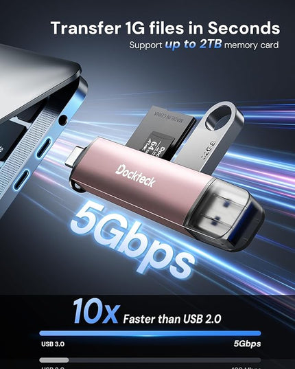 Dockteck SD Card Reader, 5G Super Speed USB3.0 SD/TF Card Reader, 3-Slot USB A/C to SD/Micro SD/USB A Memory Card Reader for UHS-I SD/Micro SD/SDHC/SDXC/MMC, Support OTG for Plug&Play,Pink