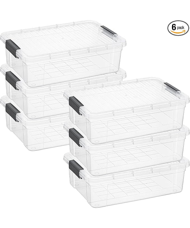 Superio Clear Storage Boxes with Lids, 13.7 Quart Plastic Container Bins for Organizing, Stackable Crates, BPA Free, Non Toxic, Odor Free, Organizers for Home, Office and Dorm, 6 Pack