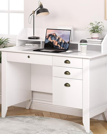 4 EVER WINNER White Desk with Drawers, Small Desk with File Drawer for Small Spaces, Writing Desk with Monitor Stand Wood Table for Home Office, White