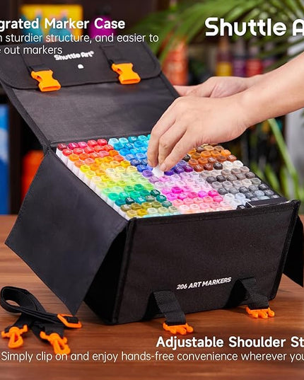 Shuttle Art 206 Colors Alcohol Markers, 204 Colors Dual Tip Art Marker Set Plus 2 Colorless Blender, Micro-tip Pens, White Highlighter Pens, Marker Bag Perfect for Students Adults Coloring