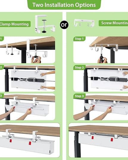 KEEGH No Drill Under Desk Cable Management Tray - 28" Cord Management Under Desk - Clamp/Screw Mount - Support Upto 70lbs - Fabric Wire Management - Gaming/PC Cable Raceways for Office/Home, White