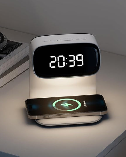 Digital Alarm Clock with Wireless Fast Charging Station 15W Touch Smart Lamp for Bedside,3 Colors Nightlight Adjustment Night Lamp for Living Room,Bedside,Heavy Sleepers (White+Cable&Adapter)