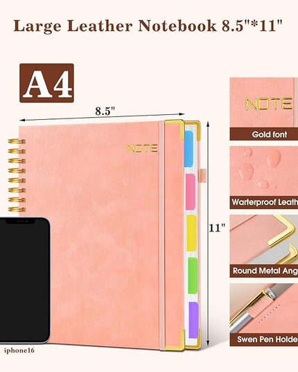Hardcover Large Spiral Notebook 8.5" x 11" with Removable Dividers Tabs, 300 pages Leather 5 Subject Notebook College Ruled, A4 Journal for Women Men, Notebooks for Work School Note taking, Pink