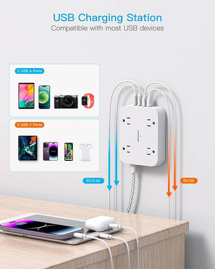 Surge Protector Power Strip 10 Ft Cord, HANYCONY Extension Cord with 4 USB Ports(2 USB C), Desk Power Strip with Long Cord, Flat Plug, Wall Mount for Office Home College Dorm Room Essentials