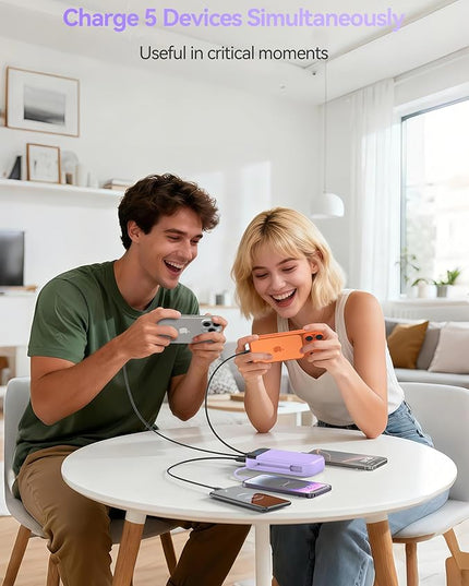 Portable Charger Power Bank Built-in Cables, 32000mAh 22.5W USB C Fast Charging, 5 Outputs 3 Inputs Travel Essentials Battery Pack Compatible with iPhone, iPad, Samsung, Google Pixel, Purple