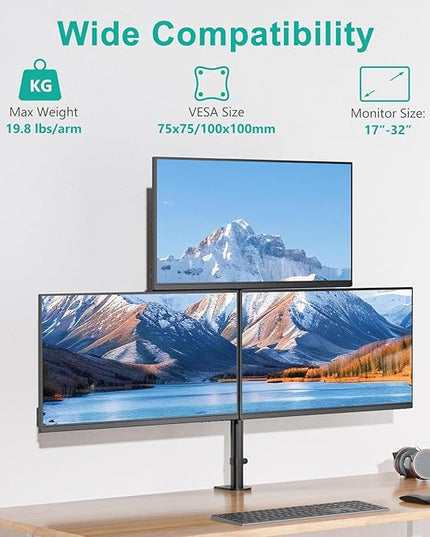 WALI Triple Monitor Mount for 13-32 inch Screens, Taller 3 Monitor Desk Mount, up to 19.8lbs, 31.9 inch Height Max, Adjustable Gas Spring Triple Monitors Stand, VESA 75/100mm (GSDM003S), Black