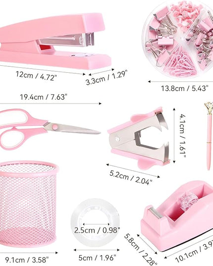 Pink Desk Accessories, Pink Office Supplies Set with Stapler, Tape Dispenser, Staple Remover, Pen Holder, Scissor, Binder/Paper Clips, Ballpoint Pen, Clear Tape and 1000pcs Staples