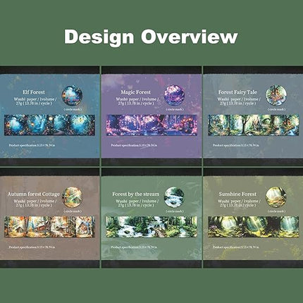 AuriicLeaf Forest-Themed Seamless Washi Tape Scrapbook Kit – 6 Rolls with Cottage, Waterfall & Fairy Forest Designs for Journaling, DIY Crafts, Gift Wrapping, Card Making and Decoration