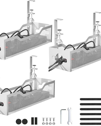 Under Desk Cable Management Tray 3 Pack, Cable Management Under Desk No Drill, Cable Organizer with Clamp for Wire Management, Cord Organizer for Office, Home - No Damage to Table (White)