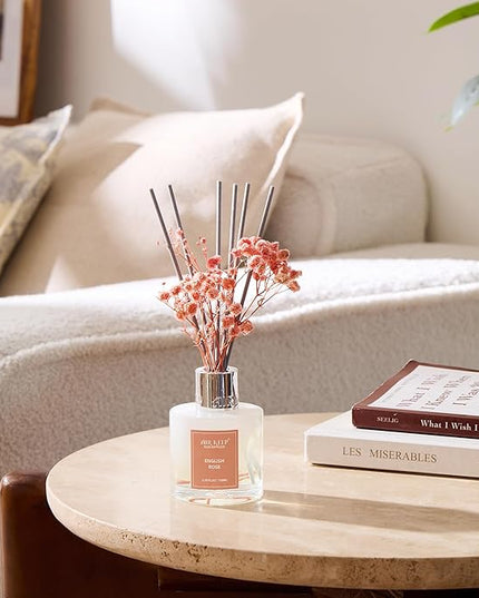Airkeep Reed Diffuser Set,3.38 fl oz (100 ml) - English Rose Oil Diffusers with 8 Reed Sticks, Home Fragrance Reed Diffuser for Bathroom Shelf Decor