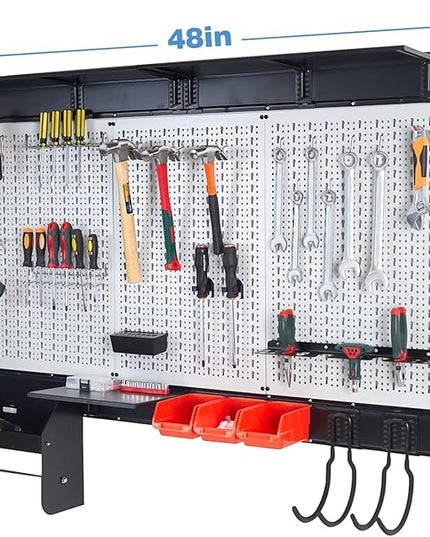 Ultrawall Peboard Storage Organizer, 48x36 inch Pegboard Wall Organizer, Metal Garage Peg Board with Toolboard, Utility Hooks, Overhead Shelf, 105pcs