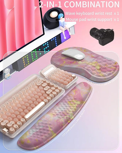 Hokafenle 2in1 Combination, Wave Keyboard Wrist Rest and Ergonomic Curvature Mouse Pad Wrist Support for Relieve Wrist Pain, Filled with Soft Cushion Memory Foam, Golden Pink Marble