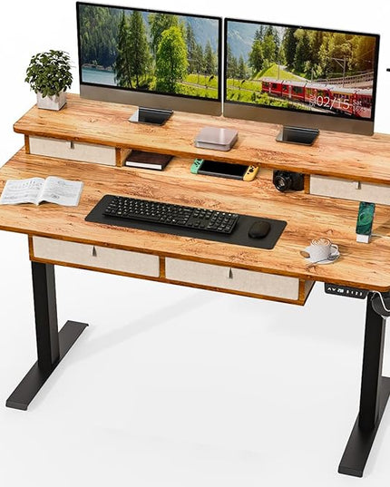 Kingant Standing Desk with Drawers & USB Charging Port, 55" x 30" Height Adjustable Home Office & Gaming Desk, Sit Stand Desk with Built-in Storage Shelf, Hook & Ergonomic Design(Light Rustic)