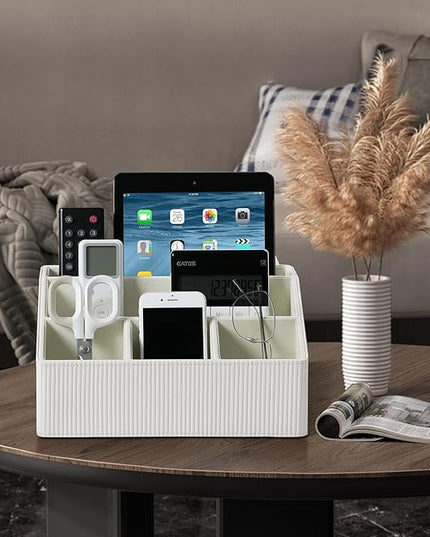 Cretkhp Remote Control Holder with 5 Compartments for Office Art Supplies, PU Leather Nightstand Organizer Pencil Pen Desk Caddy for Home, Desktop TV Remote Control Organizer Storage (Striped Ivory)