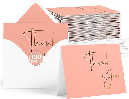 VNS Creations Gold Foil Thank You Cards With Envelopes Bulk Set & Stickers - 100 Pack 4x6 Blank Thank You Notes Box Set - Large Note Card Small Business, Wedding, Baby Shower & Bridal Shower - Peach