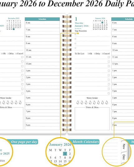 2026 Daily & Monthly Planner - One Page Per Day, Daily Planner 2026 from January 2026 to December 2026, Planner 26 with 12 Monthly Tabs, 6.4" x 8.5", Rose Leaf