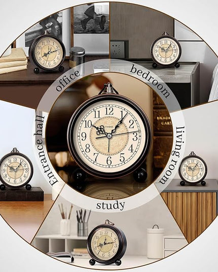 TIMESS Vintage Analog Alarm Clock, 4.3" Silent Non-Ticking Quartz Desk Clock, Battery Operated Table Clock for Bedroom, Living Room, Office, or Gift