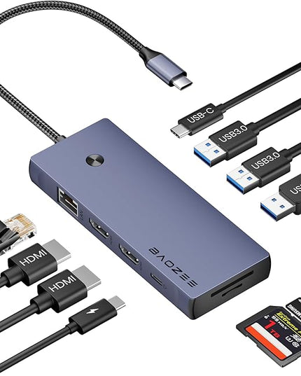 Laptop Docking Station Dual Monitor, 10-in-1 USB-C Hub with Dual HDMI 4K, Ethernet, PD 100W Charging, USB 3.0 USB-A and USB-C with 5Gbps Data Transfer, SD/TF Card Reader, for MacBook, and More