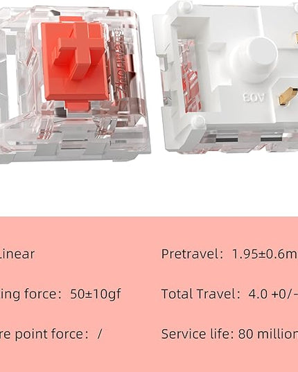 ZhouWang Red Switch 3 Pin 50gf Pre-Lubricated,Dustproof Linear Switch,Suitable for RGB,Mechanical Gaming Keyboards、MX Mechanical Keyboard(Red,72PCS)