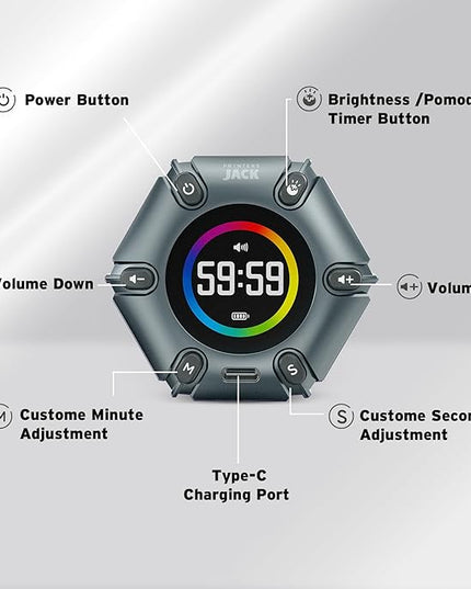 Printers Jack Timer, Visual Pomodoro Timer, Productivity Cube Mute & Vibration & Adjustable Sound Alert, for Office, ADHD, Study, Work, 3/5/10/25/30/60min & Custom Countdown - Iron Gray