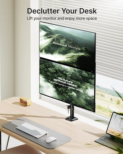 monTEK Stable Vertical Dual Monitor Mount, Stacked Desk Stand for Two 17-32 inch Screens, Full Motion Arm with Tilt, Swivel, Rotation, Supports 22 lbs per Arm, C-Clamp/Grommet Base, VESA 100×100mm Max