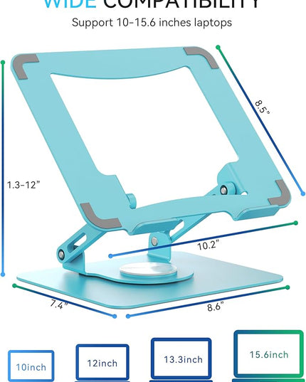 SOUNDANCE Laptop Stand with 360° Rotating Base, Ergonomic Computer Riser for Desk, Adjutable Height Muti-Angle, Foldable Laptop Mount, Stable Metal Holder Support 10-15.6" Notebook PC, Blue
