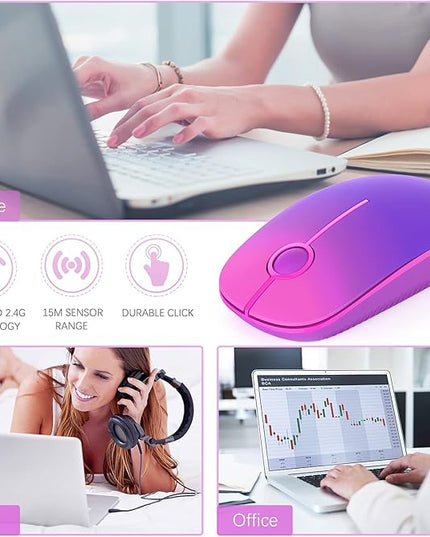 VssoPlor Wireless Mouse, 2.4G Slim Portable Computer Laptop Mouse with Nano Receiver Quiet Silent Optical Mice for Notebook, PC, Laptop, Computer-Gradient Purple