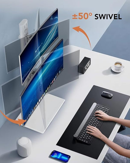 Dual Monitor Stand - Vertical Stack Screen Free-Standing Monitor Riser Fits Two 13 to 34 Inch Screen with Swivel, Tilt, Height Adjustable, Holds One (1) Screen up to 44Lbs HT05W-002 White
