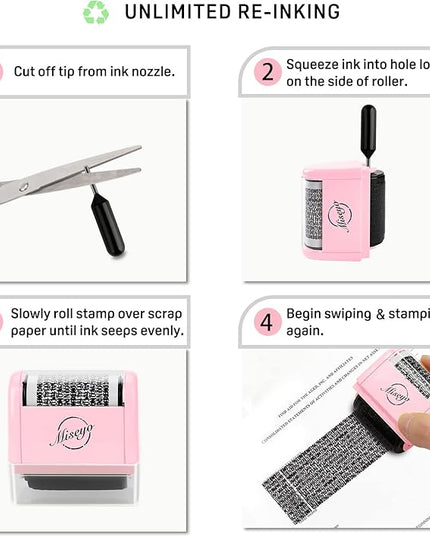 Miseyo Wide Identity Theft Protection Roller Stamp Set - Pink (3 Refill Ink Included)