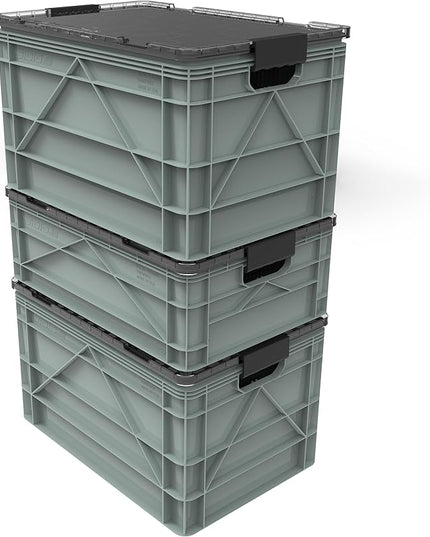 SIDIO CRATE Pro Pack - Two Full Size and One Half Size Heavy Duty Stackable Storage Bins, Totes and Containers with Lids and Dividers - Durable Organizer for Home, Office, Garage, and Outdoor Use